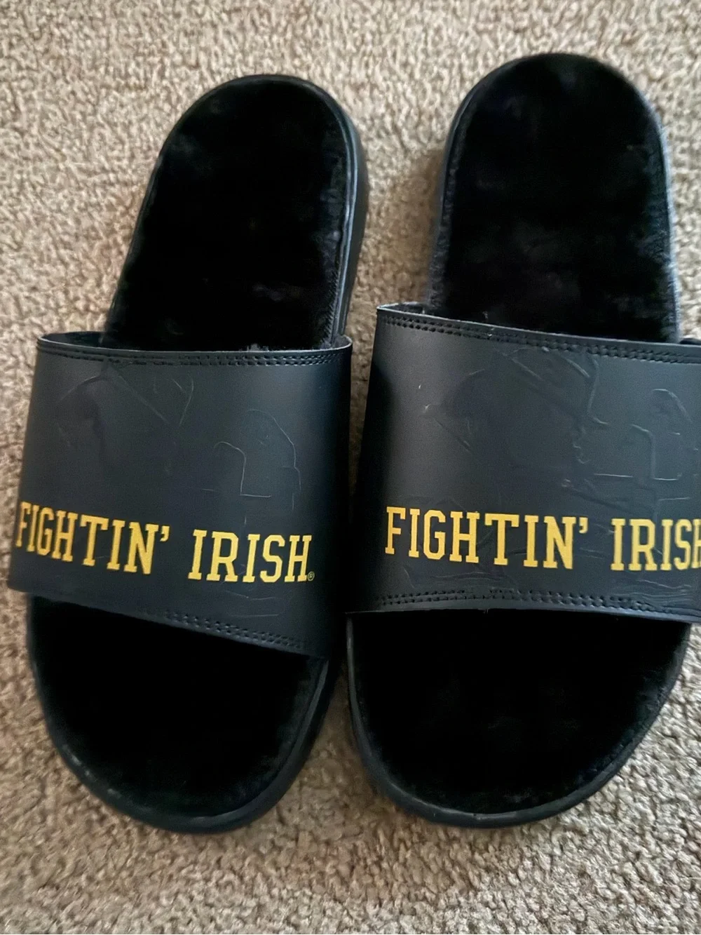 Men's Black Slide Sandals with Yellow 'Fightin' Irish' Graphic